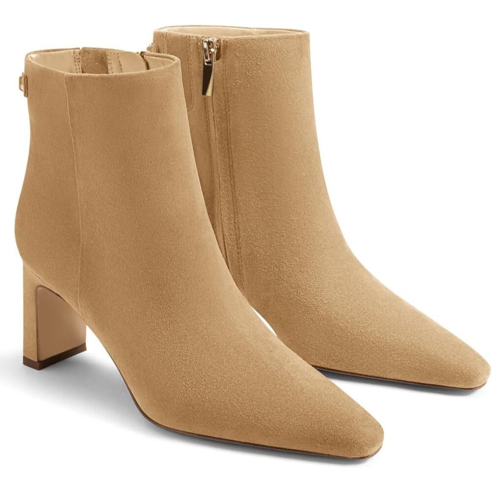 Women's Khaki Ankle Boots Chunky Heel Closed Toe Booties Side Zipper Win